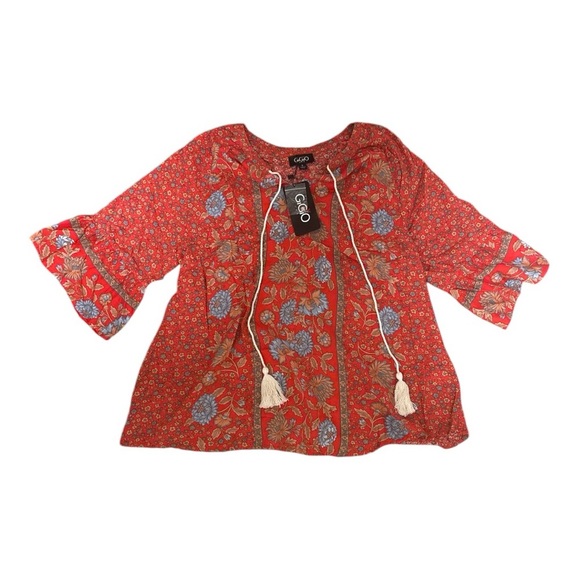 GiGiO Tops - Red Floral Oversized Peasant Boho Blouse V Neck  Multicolor with tassel Small